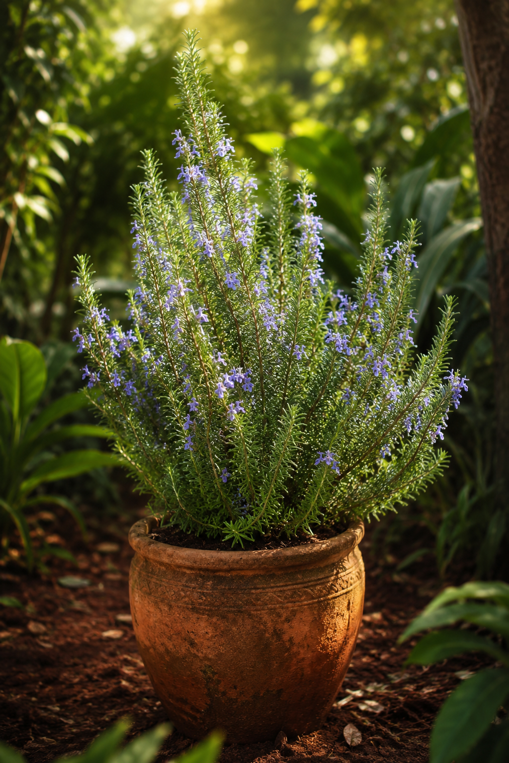 Flowering rosemary with delicate violet blossoms growing in a terracotta pot in a sunlit herbal garden